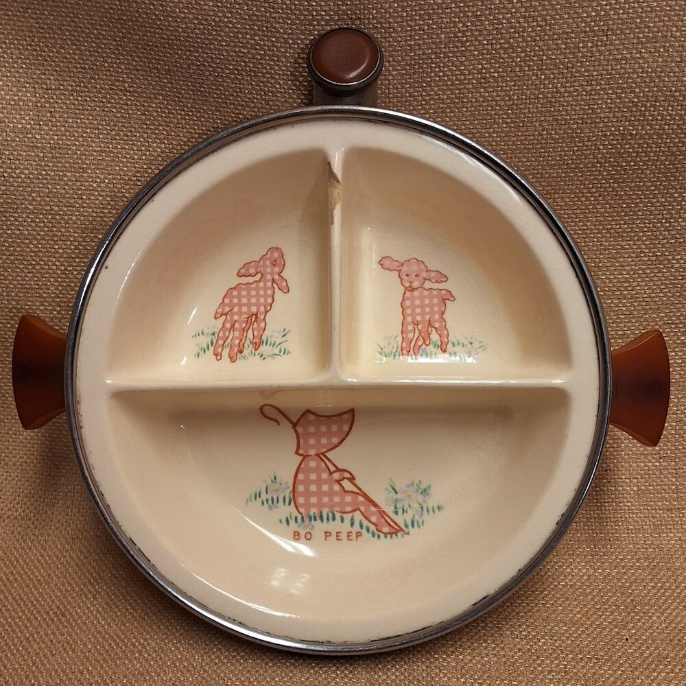 Vintage Little Bo Peep Baby Warming Dish and Bibs